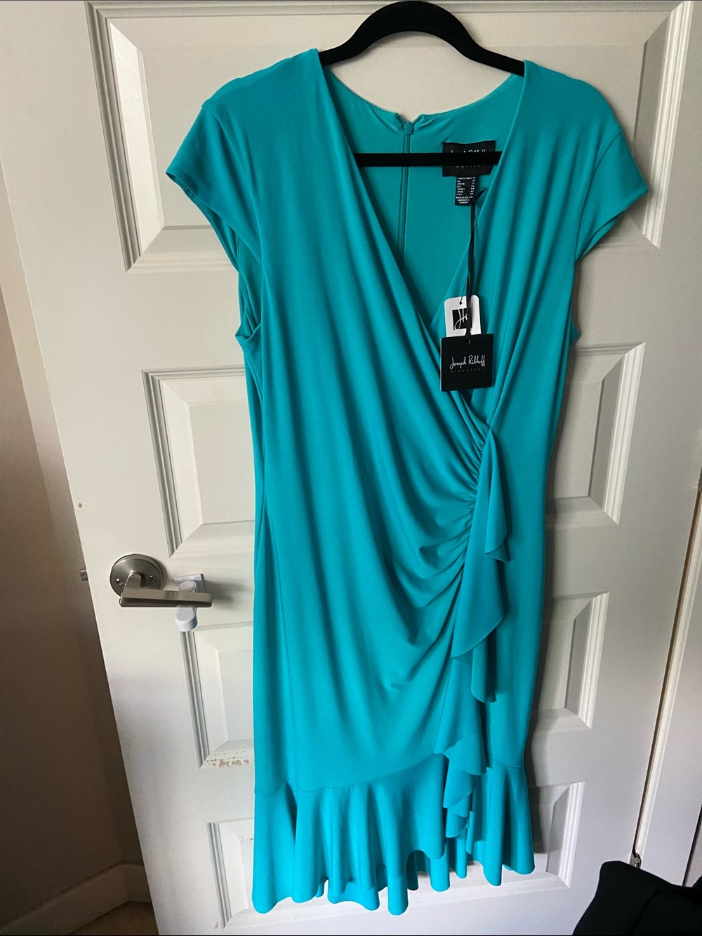 Joseph Ribkoff Wrap Style Teal Ruffle Waterfall Dress NWT - Picture 7 of 8